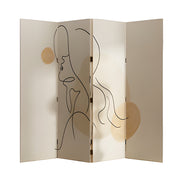 LIVARA 4 Panel Decorative Folding Screen Abstract Line Art Design Room Divider Privacy Partition Modern Style for Living Room Bedroom - Cream White