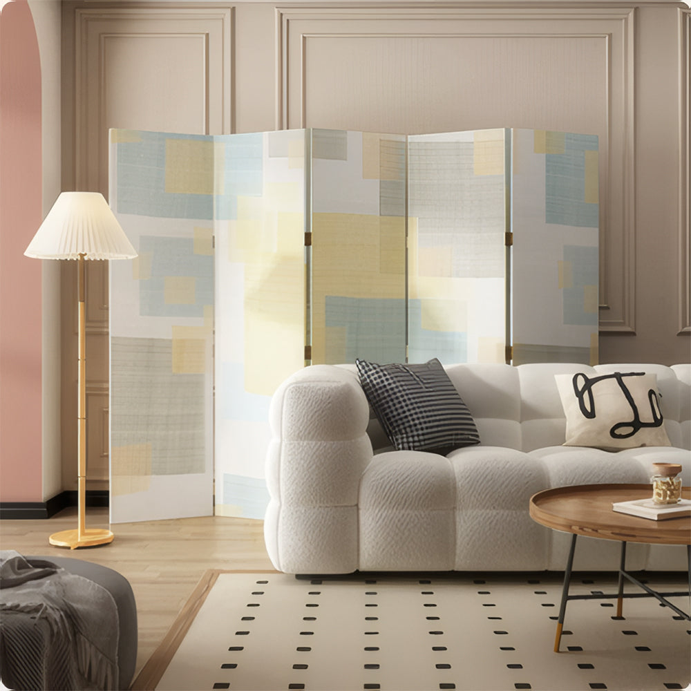 LIVARA 4 Panel Decorative Folding Screen Abstract Geometric Design Room Divider Privacy Partition Modern Art Style for Living Room - Beige