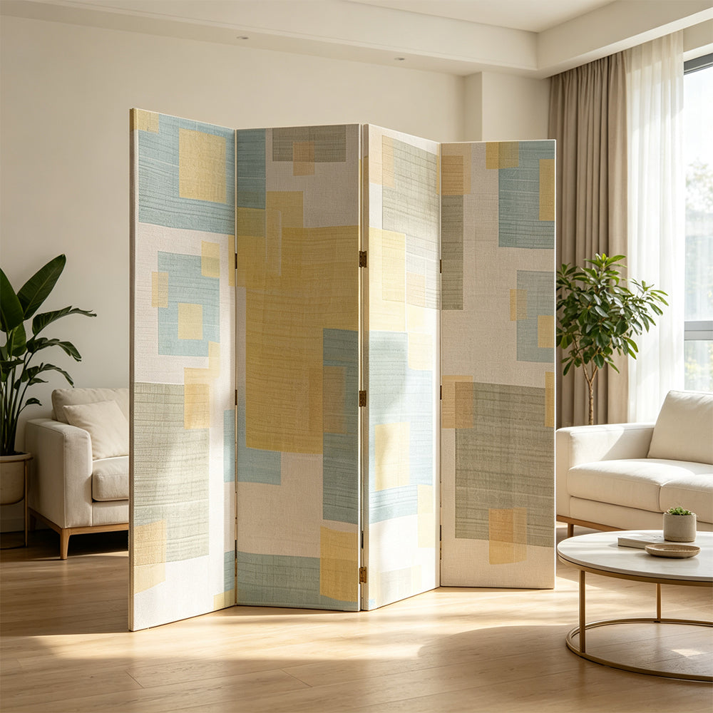 LIVARA 4 Panel Decorative Folding Screen Abstract Geometric Design Room Divider Privacy Partition Modern Art Style for Living Room - Beige