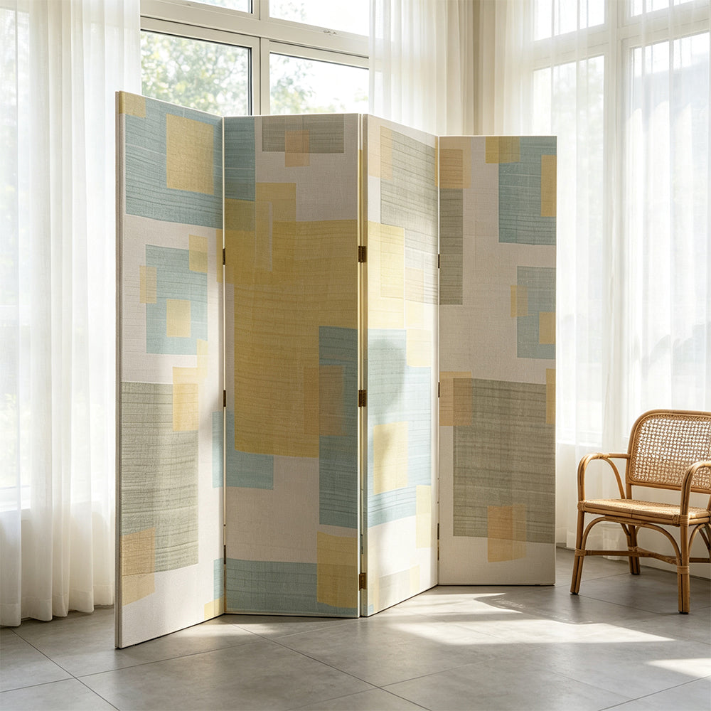 LIVARA 4 Panel Decorative Folding Screen Abstract Geometric Design Room Divider Privacy Partition Modern Art Style for Living Room - Beige