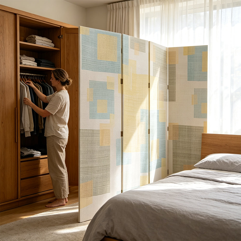 LIVARA 4 Panel Decorative Folding Screen Abstract Geometric Design Room Divider Privacy Partition Modern Art Style for Living Room - Beige