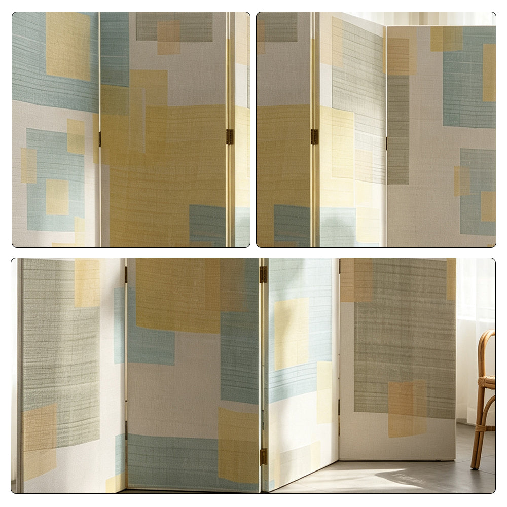LIVARA 4 Panel Decorative Folding Screen Abstract Geometric Design Room Divider Privacy Partition Modern Art Style for Living Room - Beige