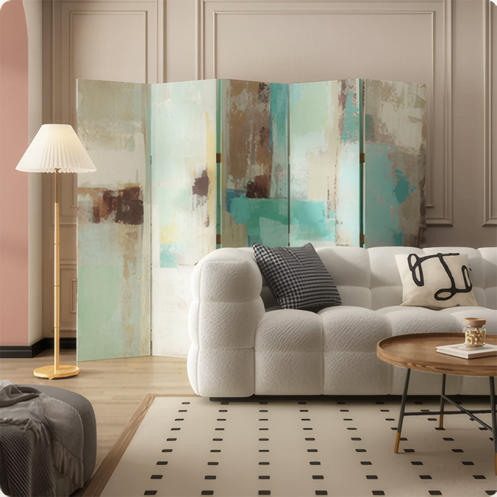 LIVARA 4 Panel Canvas Folding Screen Abstract Art Design Room Divider Privacy Partition Modern Decorative Screen for Living Room - Green & Blue