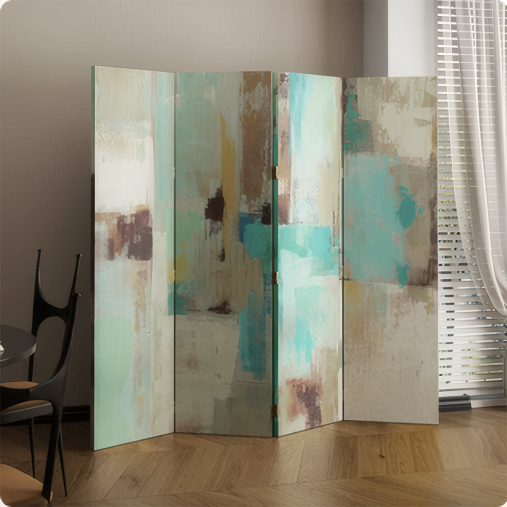LIVARA 4 Panel Canvas Folding Screen Abstract Art Design Room Divider Privacy Partition Modern Decorative Screen for Living Room - Green & Blue