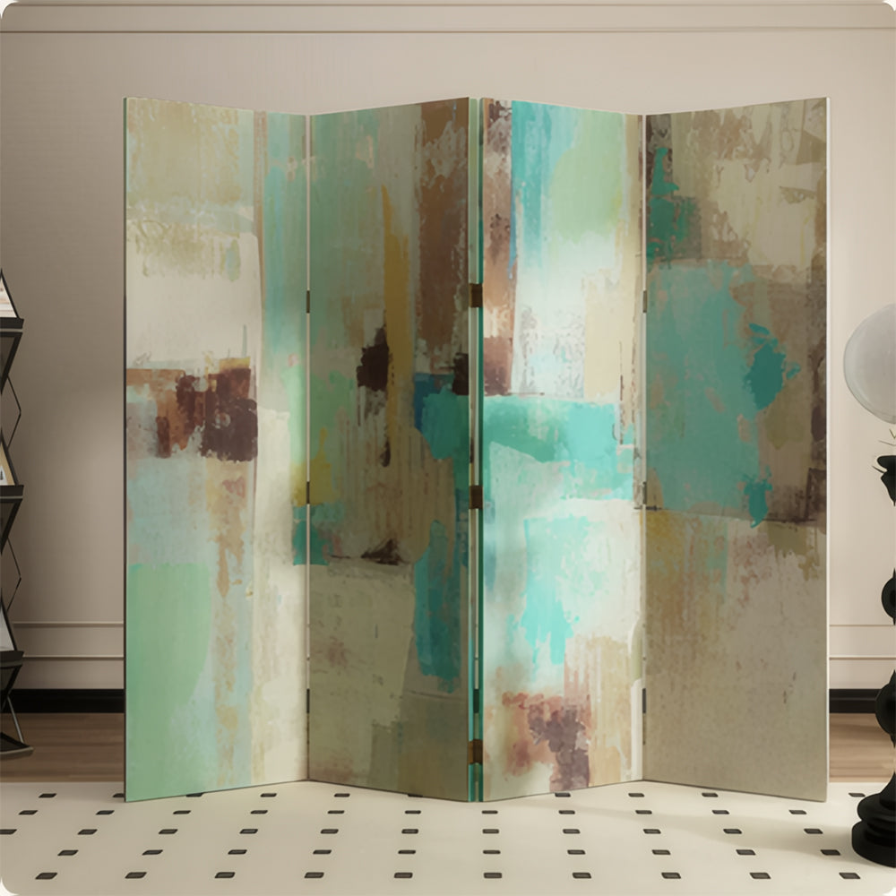 LIVARA 4 Panel Canvas Folding Screen Abstract Art Design Room Divider Privacy Partition Modern Decorative Screen for Living Room - Green & Blue