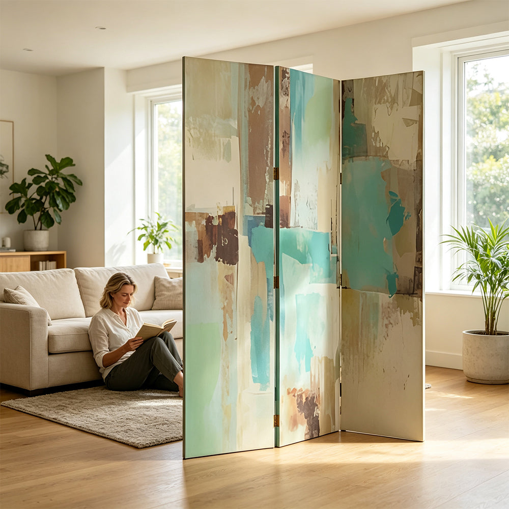 LIVARA 4 Panel Canvas Folding Screen Abstract Art Design Room Divider Privacy Partition Modern Decorative Screen for Living Room - Green & Blue