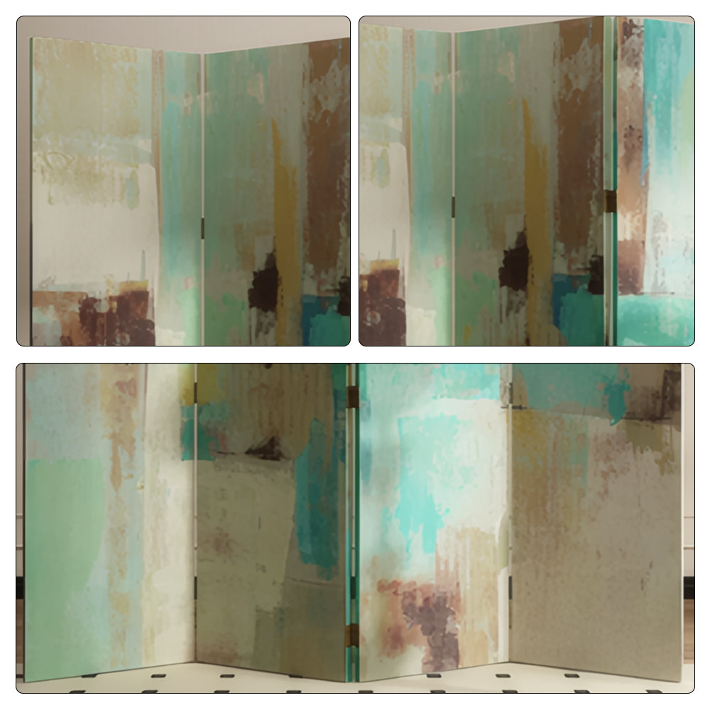 LIVARA 4 Panel Canvas Folding Screen Abstract Art Design Room Divider Privacy Partition Modern Decorative Screen for Living Room - Green & Blue