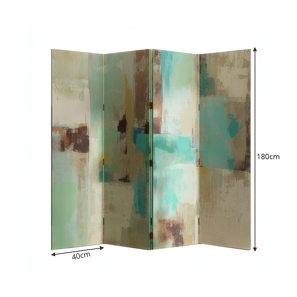 LIVARA 4 Panel Canvas Folding Screen Abstract Art Design Room Divider Privacy Partition Modern Decorative Screen for Living Room - Green & Blue