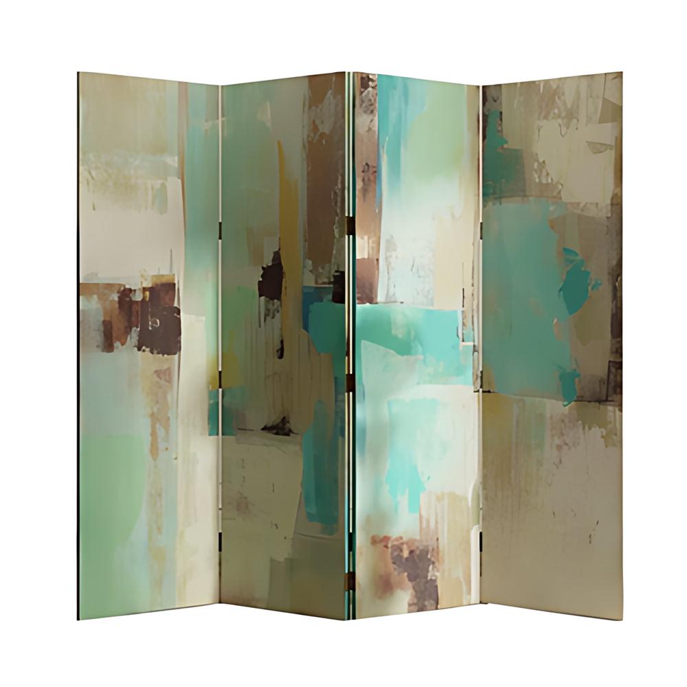 LIVARA 4 Panel Canvas Folding Screen Abstract Art Design Room Divider Privacy Partition Modern Decorative Screen for Living Room - Green & Blue