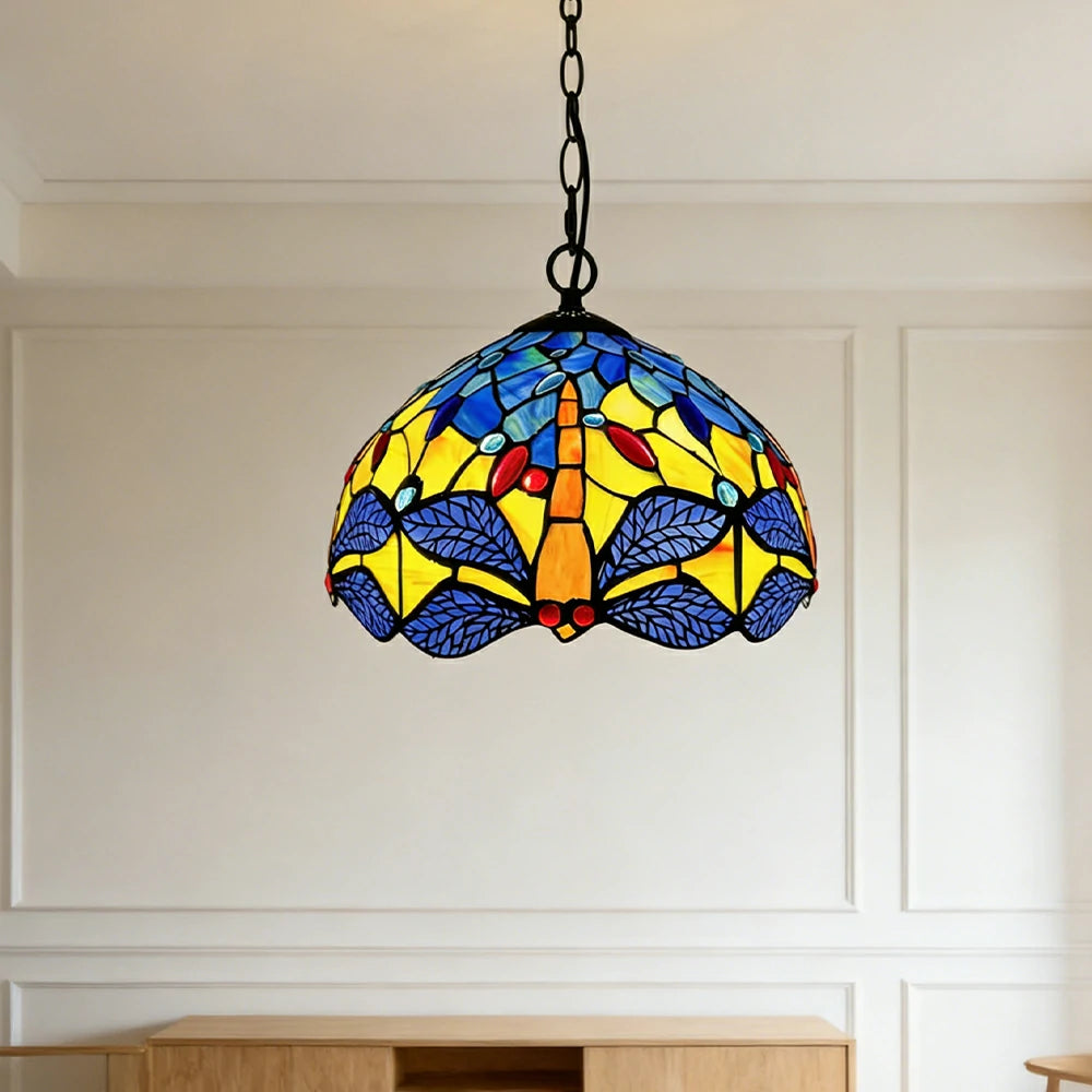 LIVARA Tiffany Stained Glass Chandelier Vintage Pendant Light 30x80cm for Dining Room Living Room Bedroom - Emerald Green