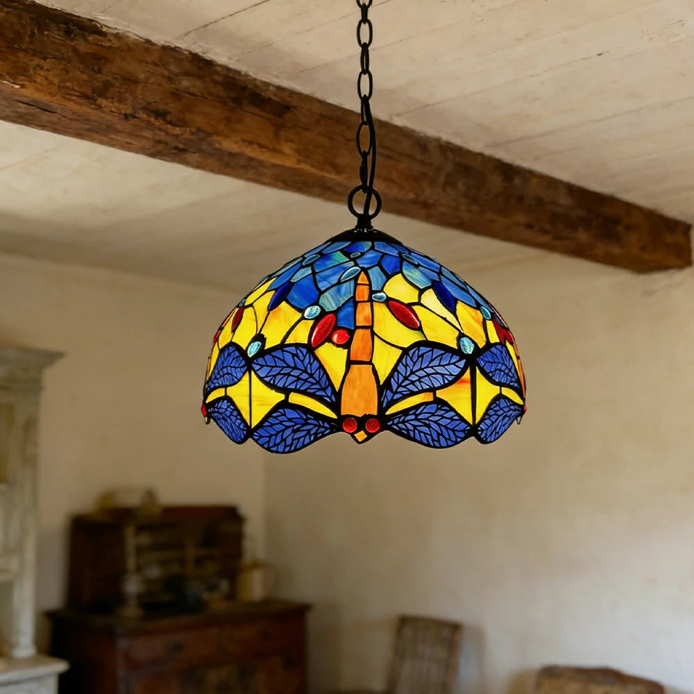 LIVARA Tiffany Stained Glass Chandelier Vintage Pendant Light 30x80cm for Dining Room Living Room Bedroom - Emerald Green