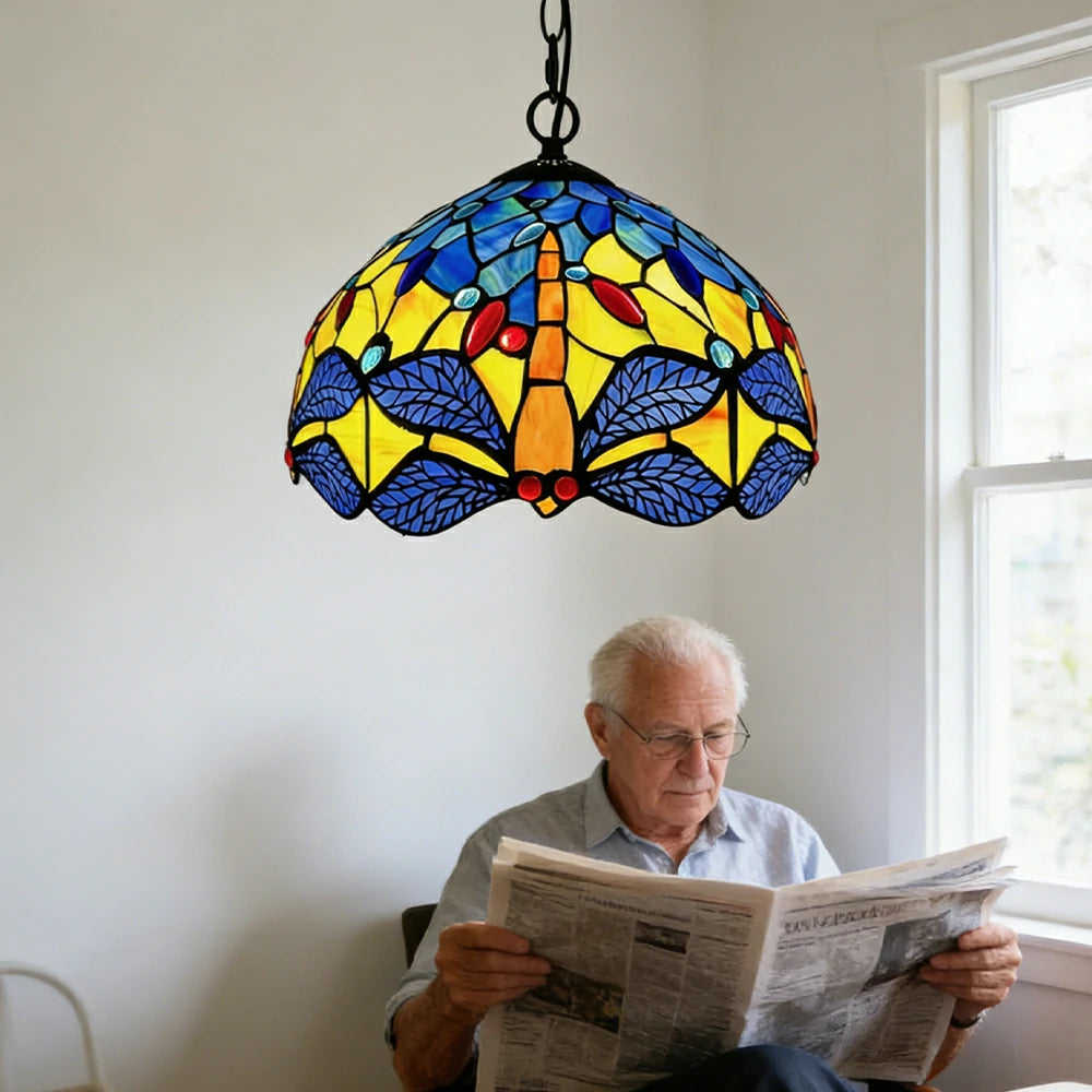 LIVARA Tiffany Stained Glass Chandelier Vintage Pendant Light 30x80cm for Dining Room Living Room Bedroom - Emerald Green
