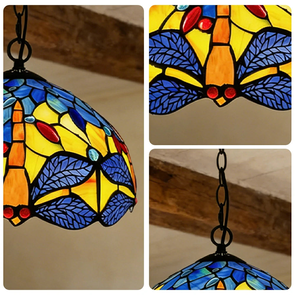 LIVARA Tiffany Stained Glass Chandelier Vintage Pendant Light 30x80cm for Dining Room Living Room Bedroom - Emerald Green