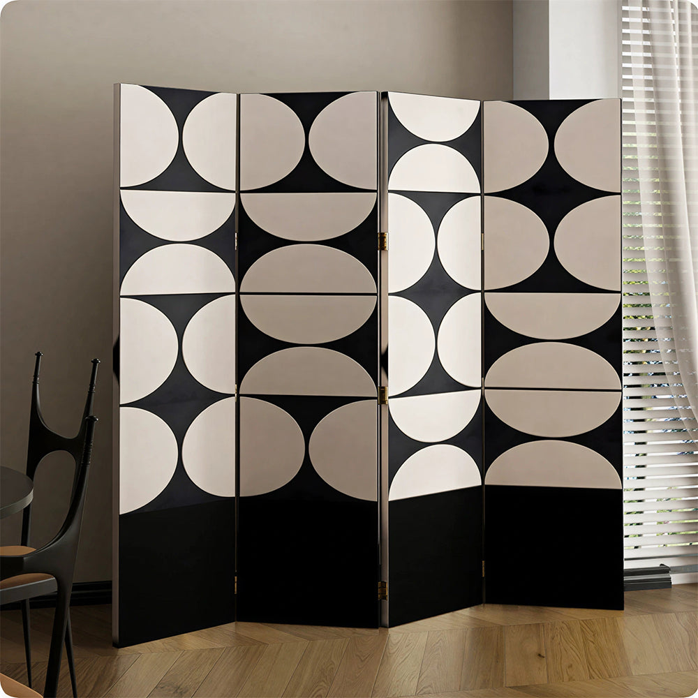 LIVARA 4 Panel Folding Room Divider Geometric Privacy Screen for Living Room Bedroom - Black & Beige
