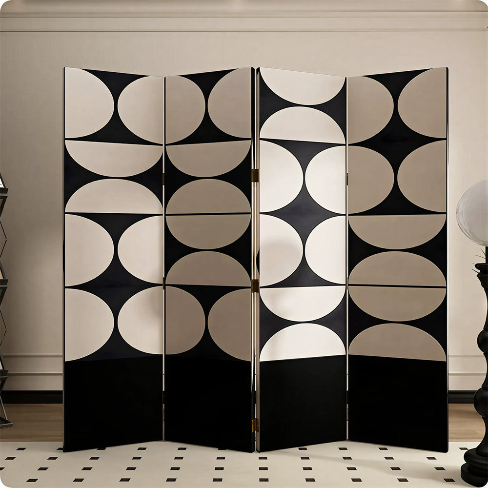 LIVARA 4 Panel Folding Room Divider Geometric Privacy Screen for Living Room Bedroom - Black & Beige