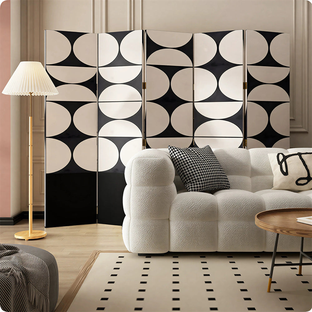 LIVARA 4 Panel Folding Room Divider Geometric Privacy Screen for Living Room Bedroom - Black & Beige