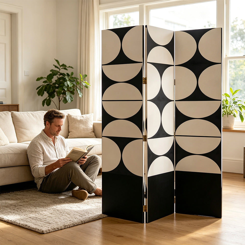 LIVARA 4 Panel Folding Room Divider Geometric Privacy Screen for Living Room Bedroom - Black & Beige