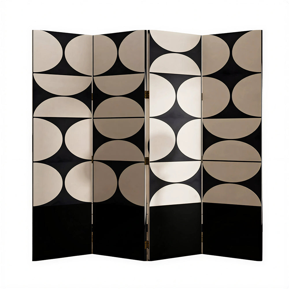 LIVARA 4 Panel Folding Room Divider Geometric Privacy Screen for Living Room Bedroom - Black & Beige