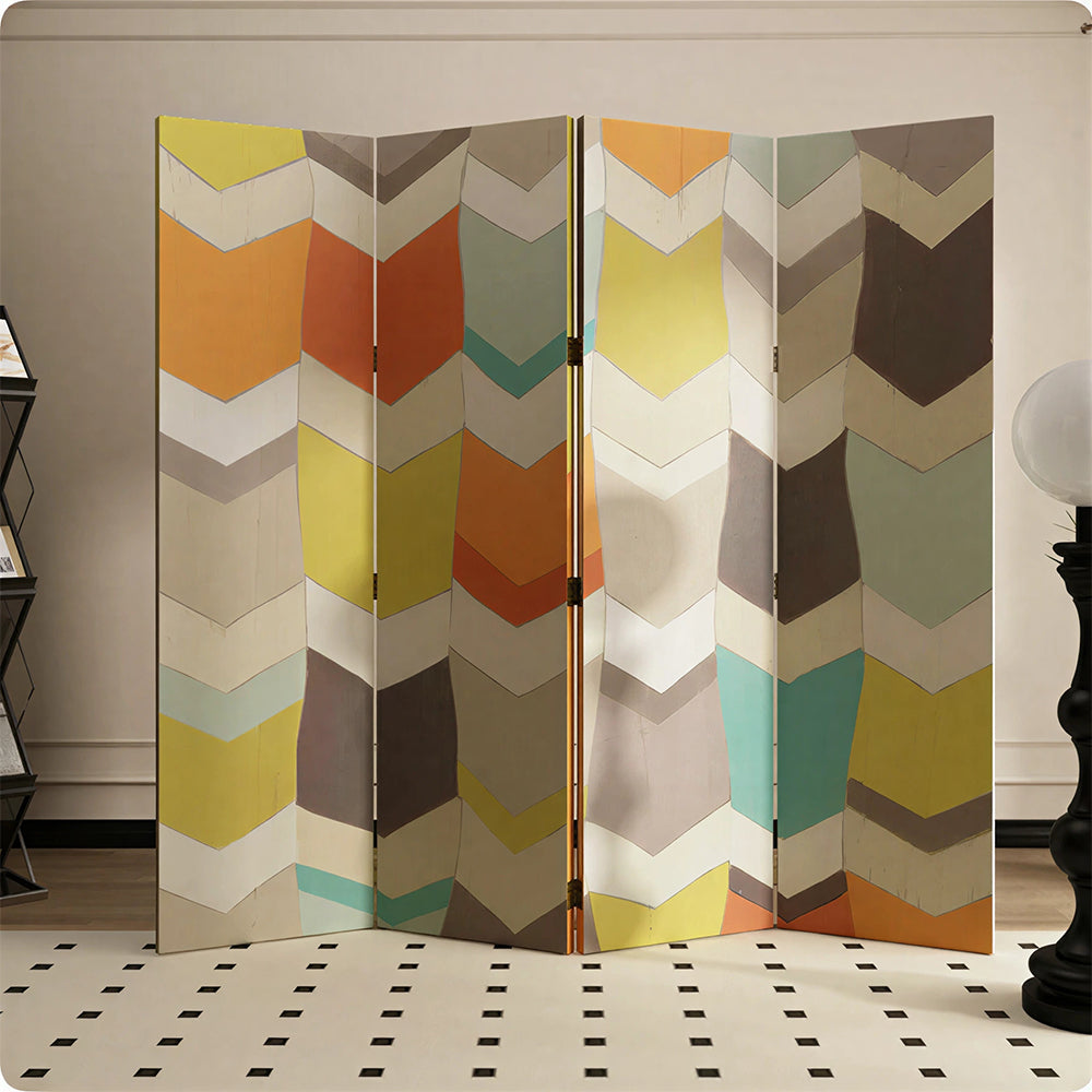 LIVARA 4 Panel Folding Room Divider Geometric Chevron Privacy Screen for Bedroom Living Room - Multicolour