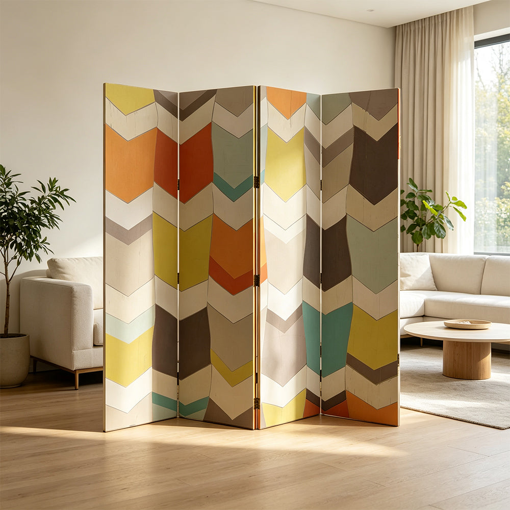LIVARA 4 Panel Folding Room Divider Geometric Chevron Privacy Screen for Bedroom Living Room - Multicolour