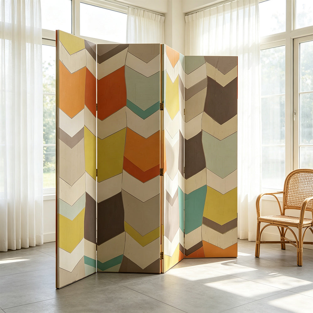LIVARA 4 Panel Folding Room Divider Geometric Chevron Privacy Screen for Bedroom Living Room - Multicolour
