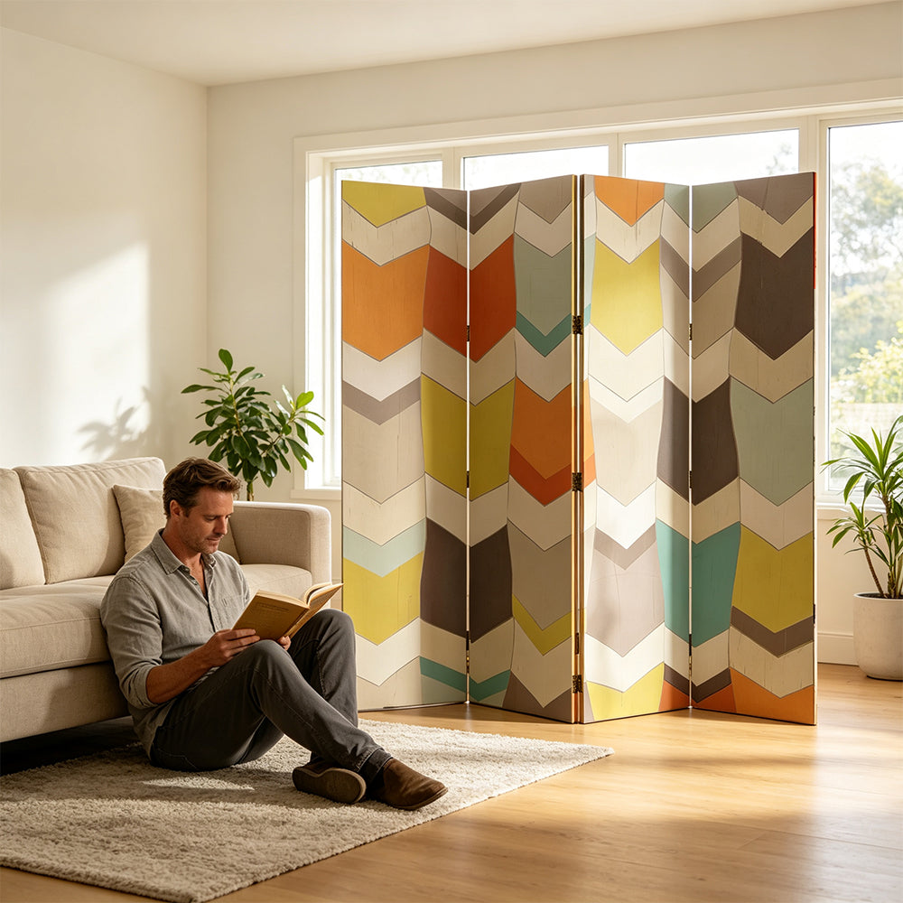 LIVARA 4 Panel Folding Room Divider Geometric Chevron Privacy Screen for Bedroom Living Room - Multicolour