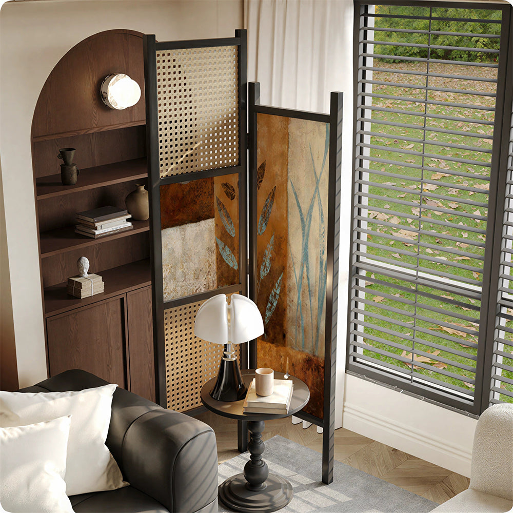 LIVARA 2 Piece Scots Pine Freestanding Room Divider with Rattan & Artistic Panels for Living Room Bedroom - Black & Natural