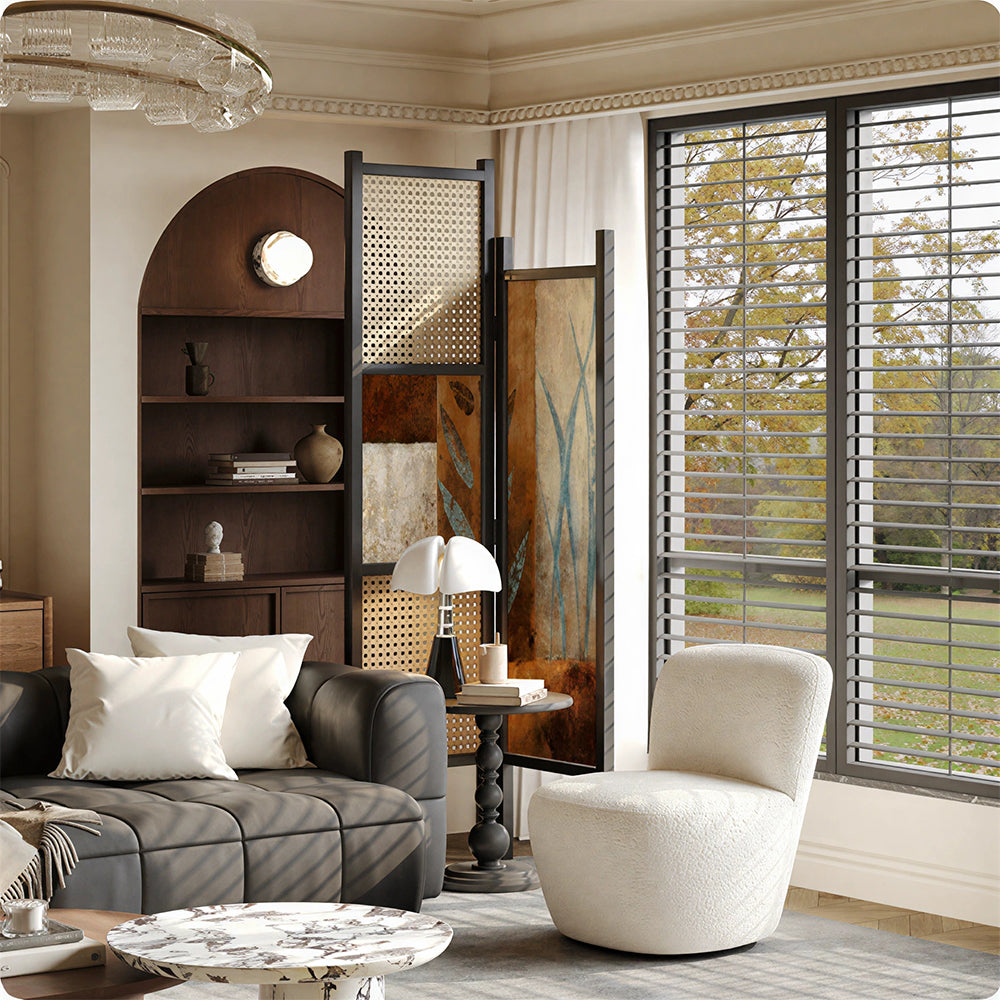 LIVARA 2 Piece Scots Pine Freestanding Room Divider with Rattan & Artistic Panels for Living Room Bedroom - Black & Natural