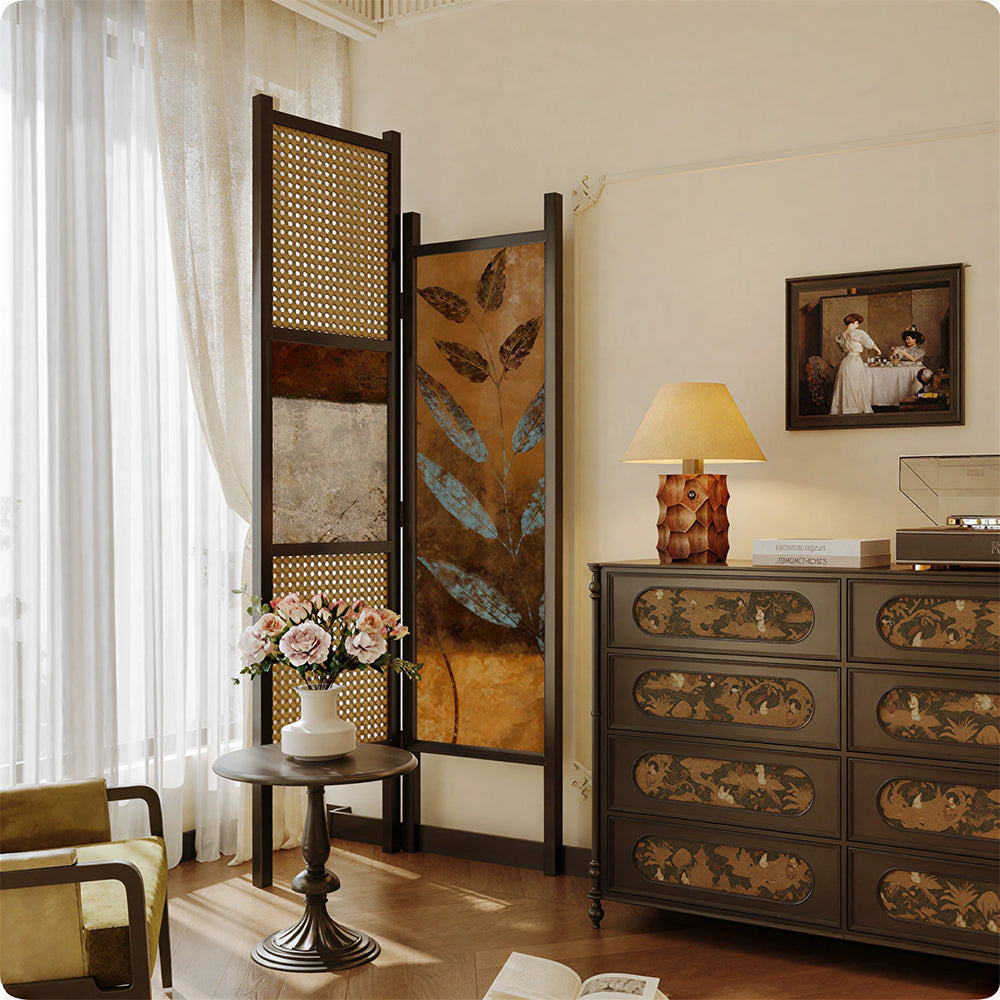 LIVARA 2 Piece Scots Pine Freestanding Room Divider with Rattan & Artistic Panels for Living Room Bedroom - Black & Natural