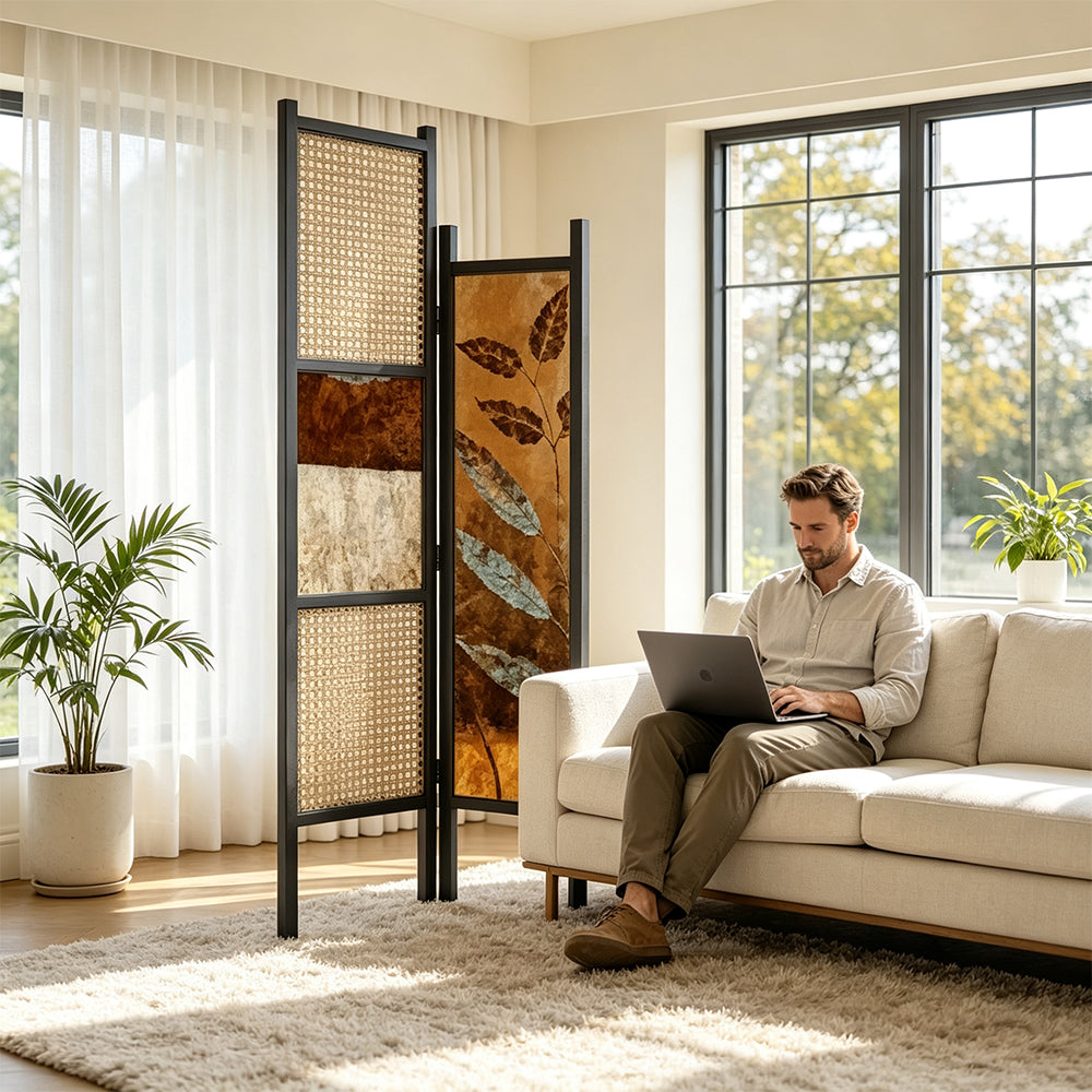 LIVARA 2 Piece Scots Pine Freestanding Room Divider with Rattan & Artistic Panels for Living Room Bedroom - Black & Natural