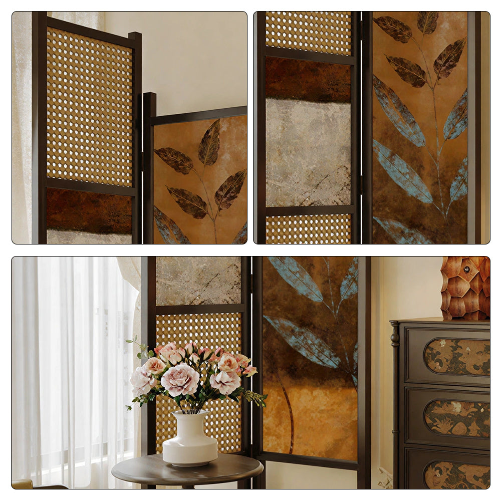 LIVARA 2 Piece Scots Pine Freestanding Room Divider with Rattan & Artistic Panels for Living Room Bedroom - Black & Natural