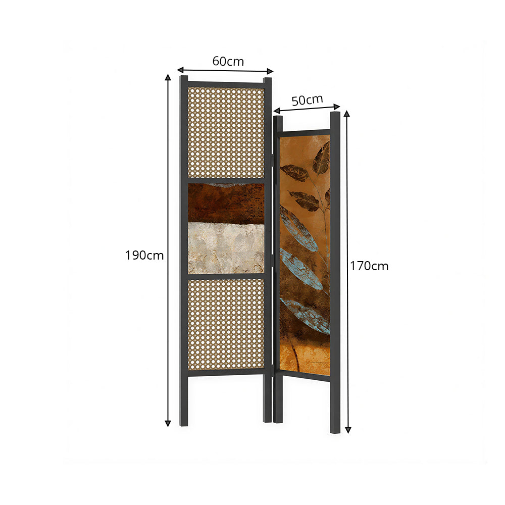 LIVARA 2 Piece Scots Pine Freestanding Room Divider with Rattan & Artistic Panels for Living Room Bedroom - Black & Natural