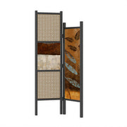 LIVARA 2 Piece Scots Pine Freestanding Room Divider with Rattan & Artistic Panels for Living Room Bedroom - Black & Natural