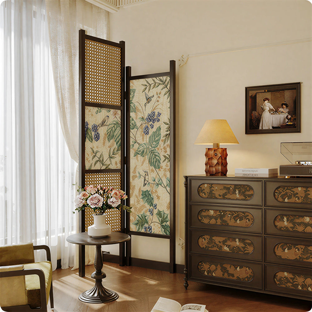 LIVARA 2 Piece Ash Wood Freestanding Room Divider with Rattan & Botanical Print for Living Room Bedroom - Black & Natural