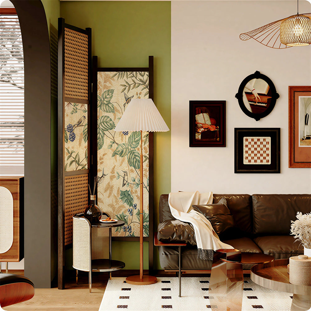 LIVARA 2 Piece Ash Wood Freestanding Room Divider with Rattan & Botanical Print for Living Room Bedroom - Black & Natural