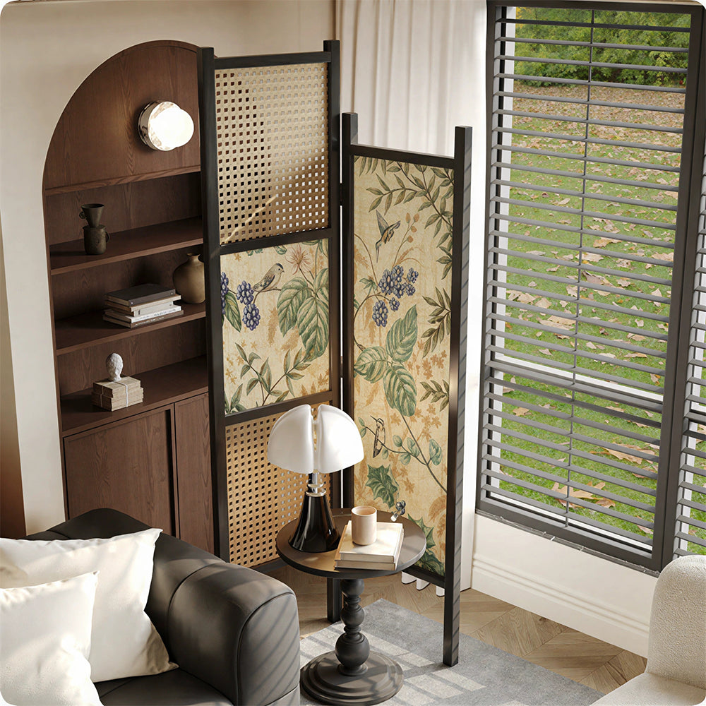 LIVARA 2 Piece Ash Wood Freestanding Room Divider with Rattan & Botanical Print for Living Room Bedroom - Black & Natural