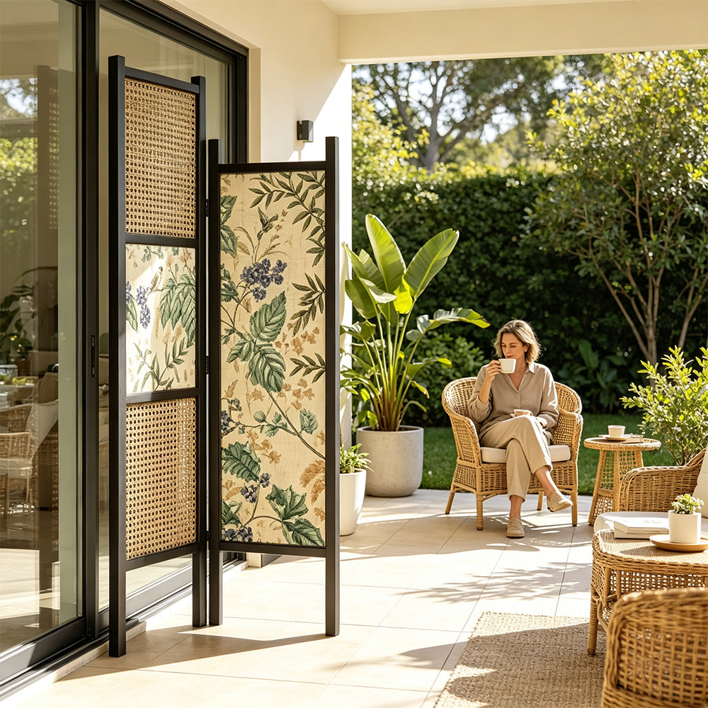 LIVARA 2 Piece Ash Wood Freestanding Room Divider with Rattan & Botanical Print for Living Room Bedroom - Black & Natural