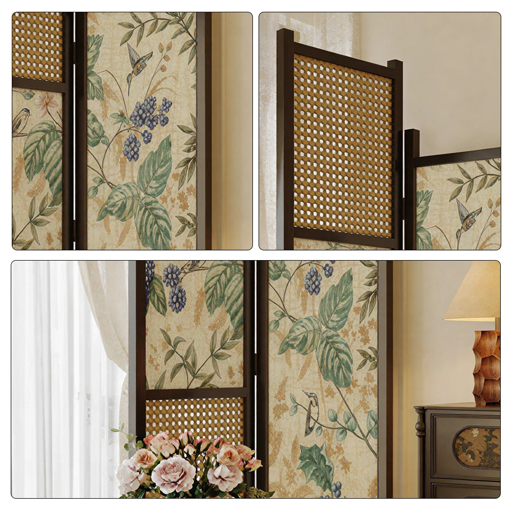 LIVARA 2 Piece Ash Wood Freestanding Room Divider with Rattan & Botanical Print for Living Room Bedroom - Black & Natural