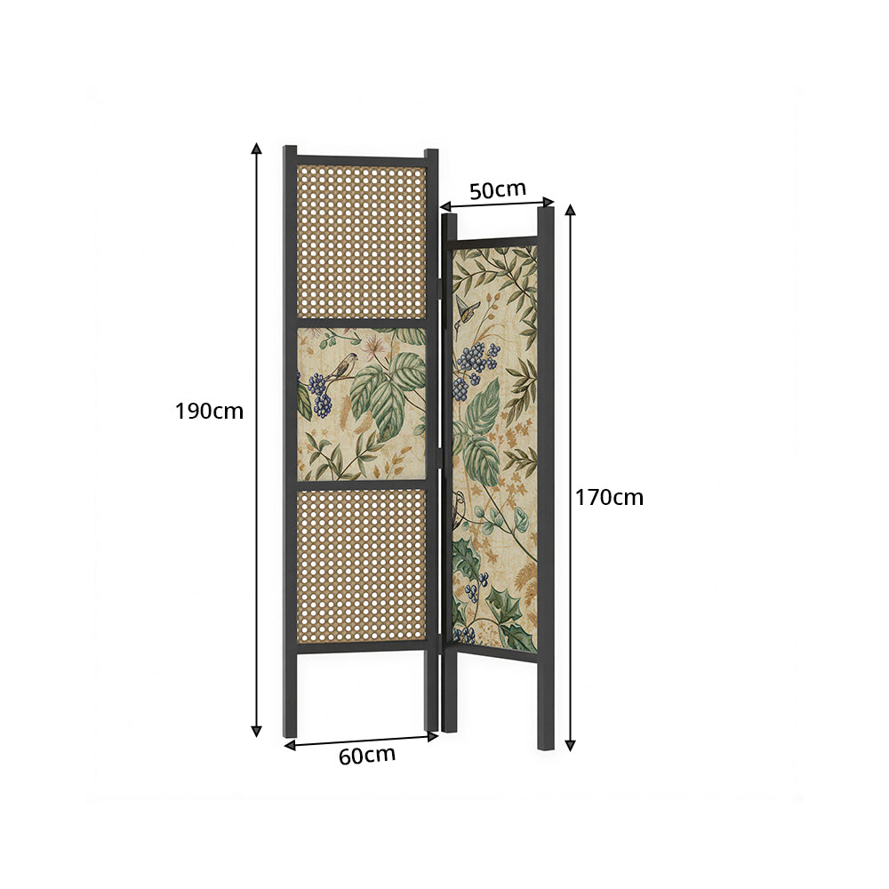 LIVARA 2 Piece Ash Wood Freestanding Room Divider with Rattan & Botanical Print for Living Room Bedroom - Black & Natural