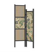 LIVARA 2 Piece Ash Wood Freestanding Room Divider with Rattan & Botanical Print for Living Room Bedroom - Black & Natural