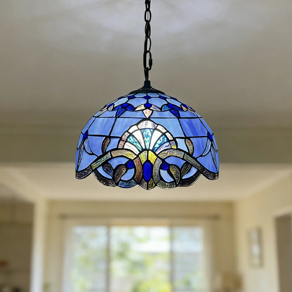 LIVARA Tiffany Stained Glass Chandelier Vintage Pendant Light 30x80cm for Dining Room Living Room Bedroom - Blue