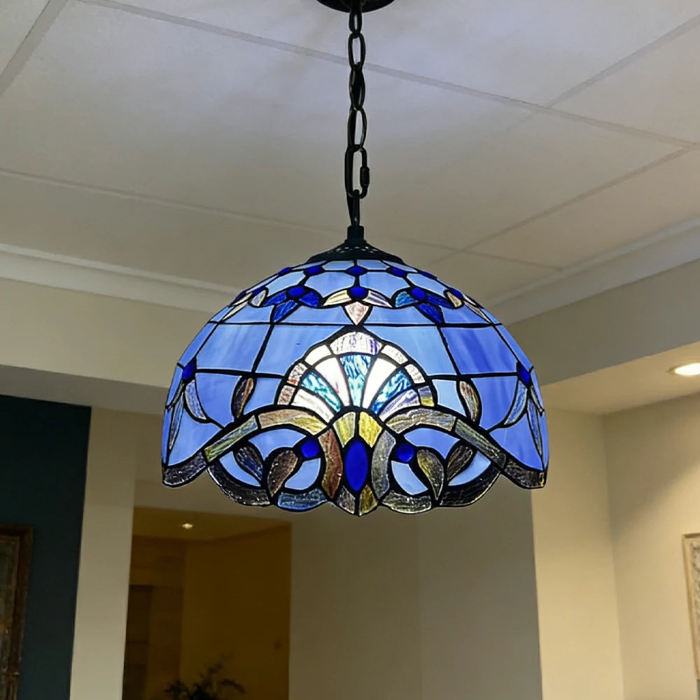LIVARA Tiffany Stained Glass Chandelier Vintage Pendant Light 30x80cm for Dining Room Living Room Bedroom - Blue