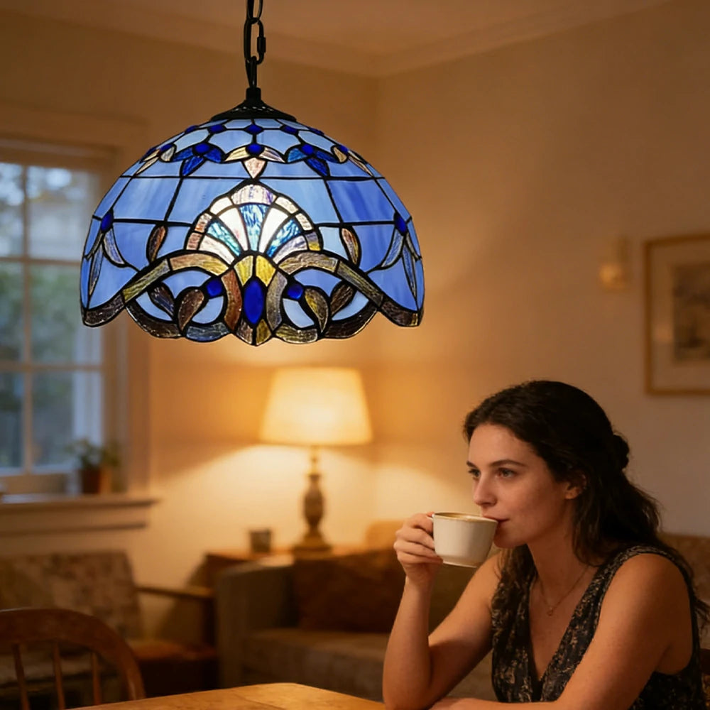 LIVARA Tiffany Stained Glass Chandelier Vintage Pendant Light 30x80cm for Dining Room Living Room Bedroom - Blue