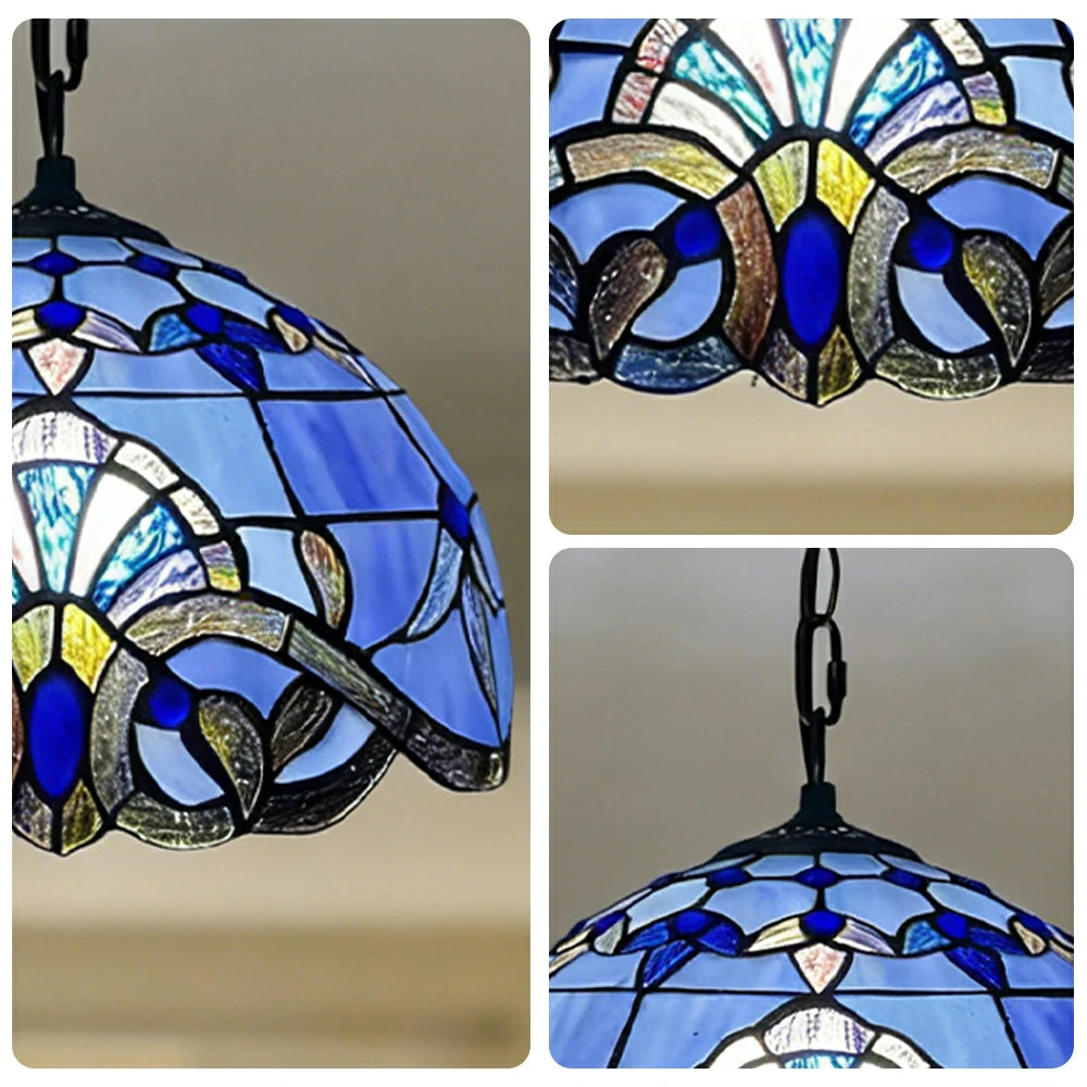 LIVARA Tiffany Stained Glass Chandelier Vintage Pendant Light 30x80cm for Dining Room Living Room Bedroom - Blue