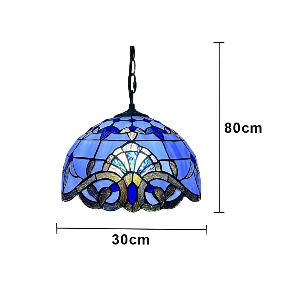 LIVARA Tiffany Stained Glass Chandelier Vintage Pendant Light 30x80cm for Dining Room Living Room Bedroom - Blue