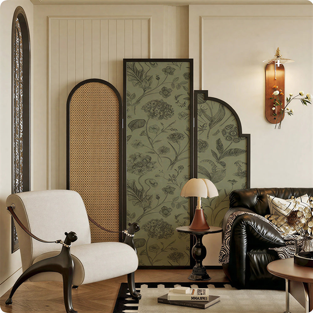 LIVARA 3 Panel Walnut Wood Folding Room Divider with Botanical Print for Living Room Bedroom - Walnut & Sage Green