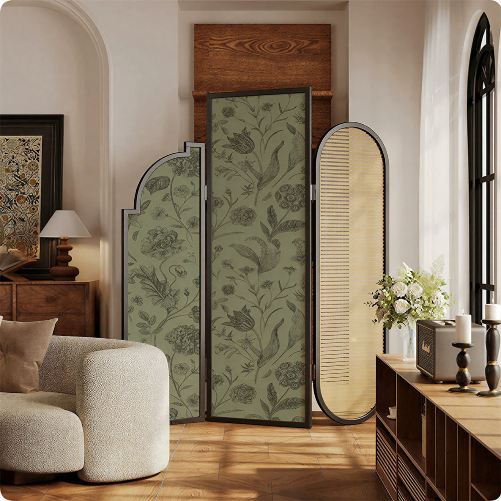 LIVARA 3 Panel Walnut Wood Folding Room Divider with Botanical Print for Living Room Bedroom - Walnut & Sage Green