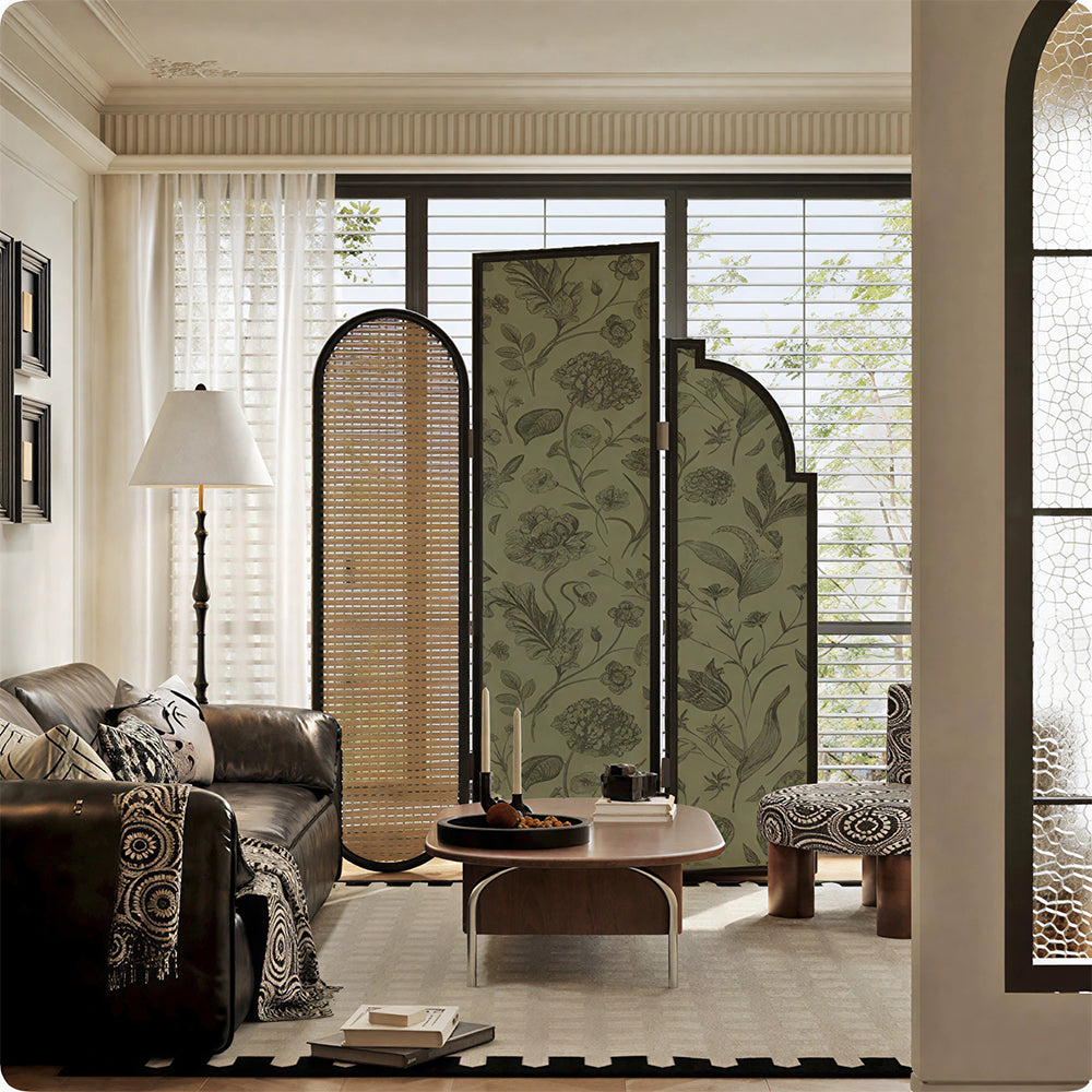 LIVARA 3 Panel Walnut Wood Folding Room Divider with Botanical Print for Living Room Bedroom - Walnut & Sage Green