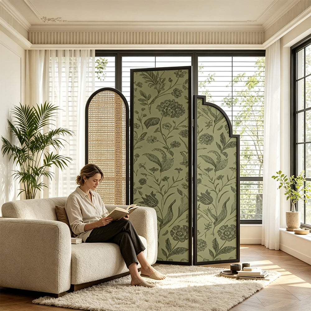 LIVARA 3 Panel Walnut Wood Folding Room Divider with Botanical Print for Living Room Bedroom - Walnut & Sage Green