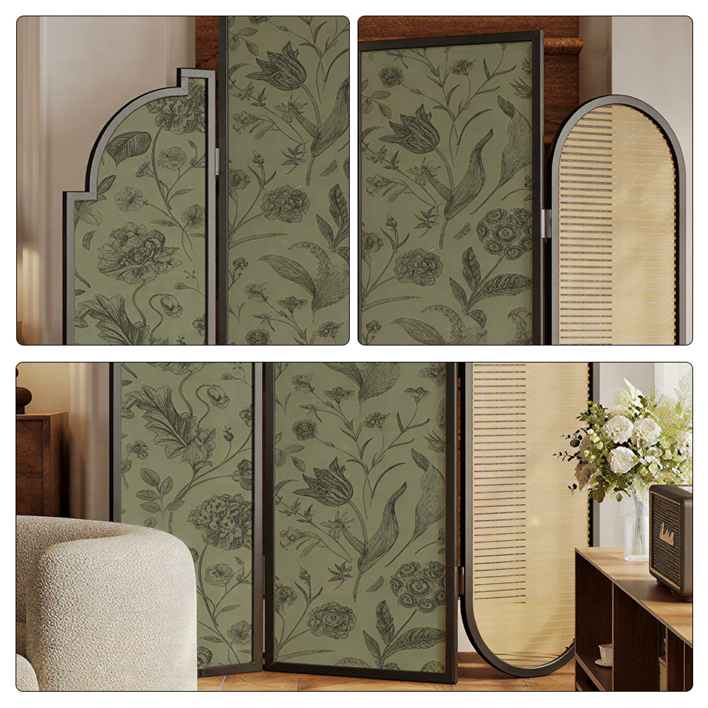 LIVARA 3 Panel Walnut Wood Folding Room Divider with Botanical Print for Living Room Bedroom - Walnut & Sage Green